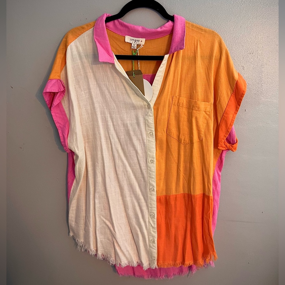 UMGEE short sleeve color block button up blouse